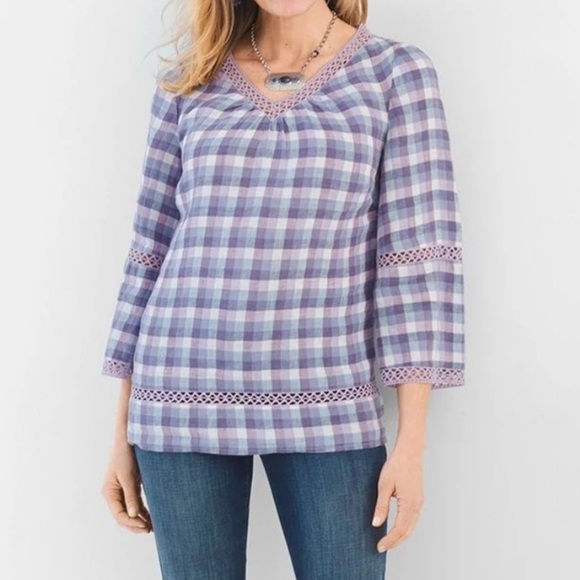 Chico’s Size 3 Crochet-Detail Gingham Linen Popover Top Purple Boho Peasant - Picture 3 of 12